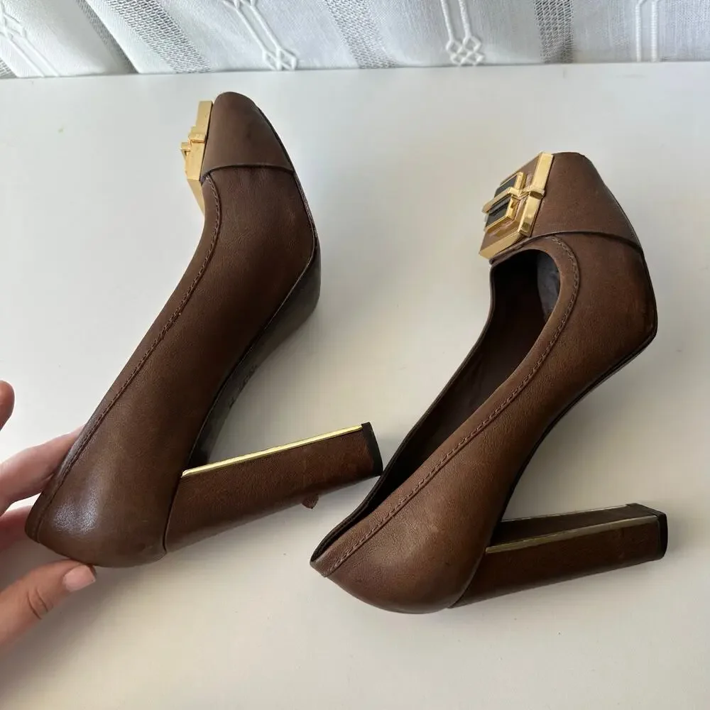 Tory Burch (7.5) Brown Leather Platform Heels- Art Deco, Buckle, Open Toe, Block